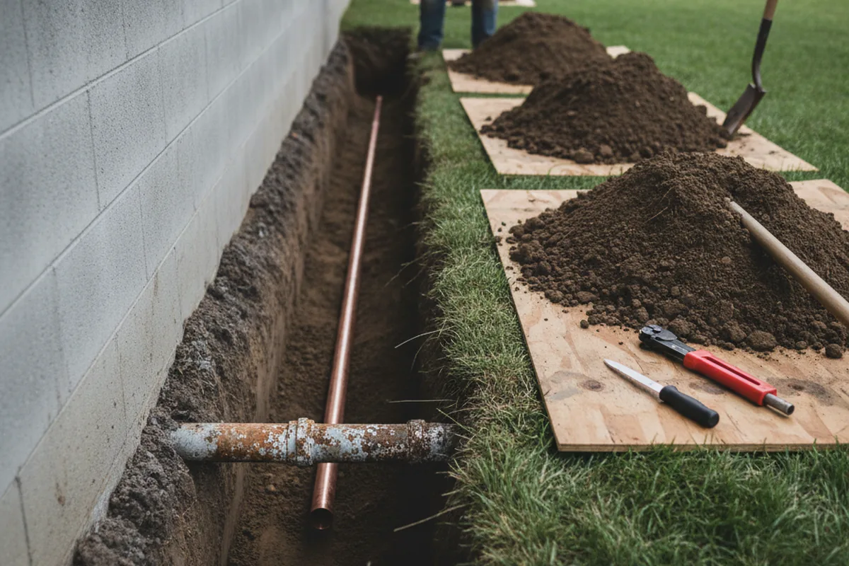 Excavated water line trench during Water Softener Installation in Lenapah